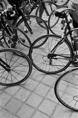Picture of multiple bicycle wheels, an interesting detail from the press conference announcing the Quiznos Pro Challenge, in Denver, CO on August 4th, 2010.