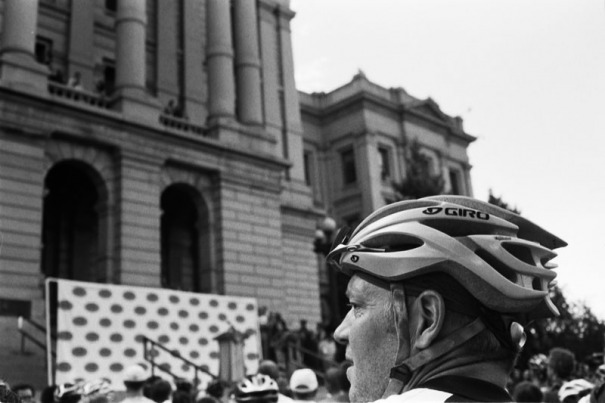 Cyclist at the state capitol for the press conference announcing the Quiznos Pro Challenge, in Denver, CO on August 4th, 2010.