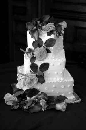 Black and white photograph of a wedding cake at the Gatehouse in Lafayette, CO.