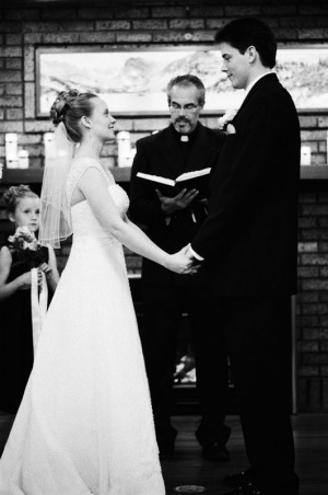 The bride and groom look into each other's eyes